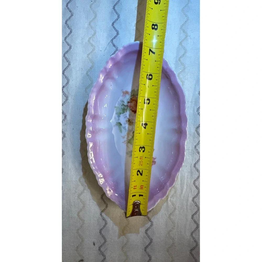 Vintage Pink Scalloped Porcelain Oval Trinket Dish Floral Poppy Design 7 Inch